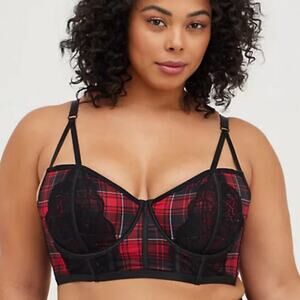 Torrid NWT Unlined Longline Strappy Bralette Plaid Red Embroidered Mesh Size 1X
